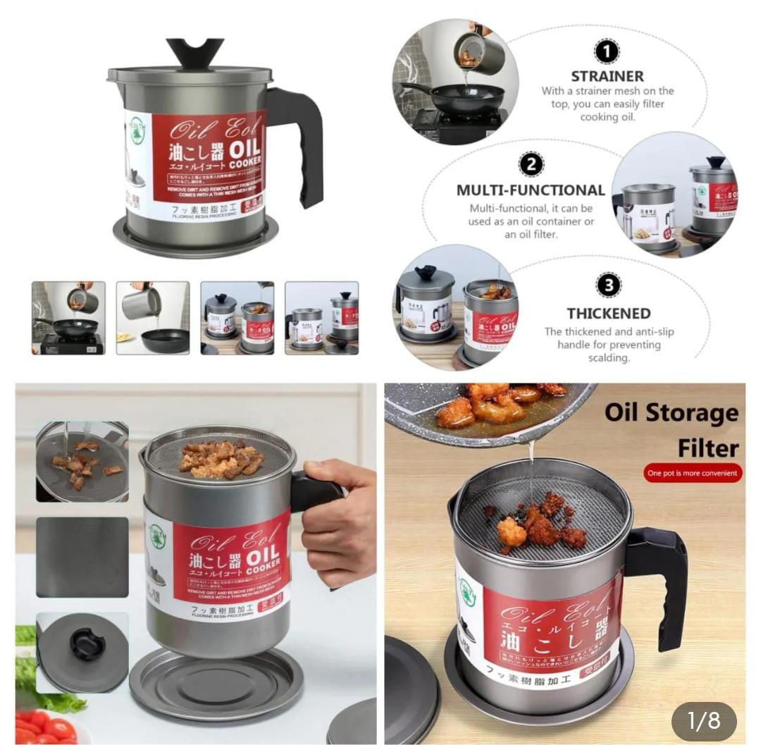 1.4L Kitchen Oil Filter Pot with Fine Mesh Strainer