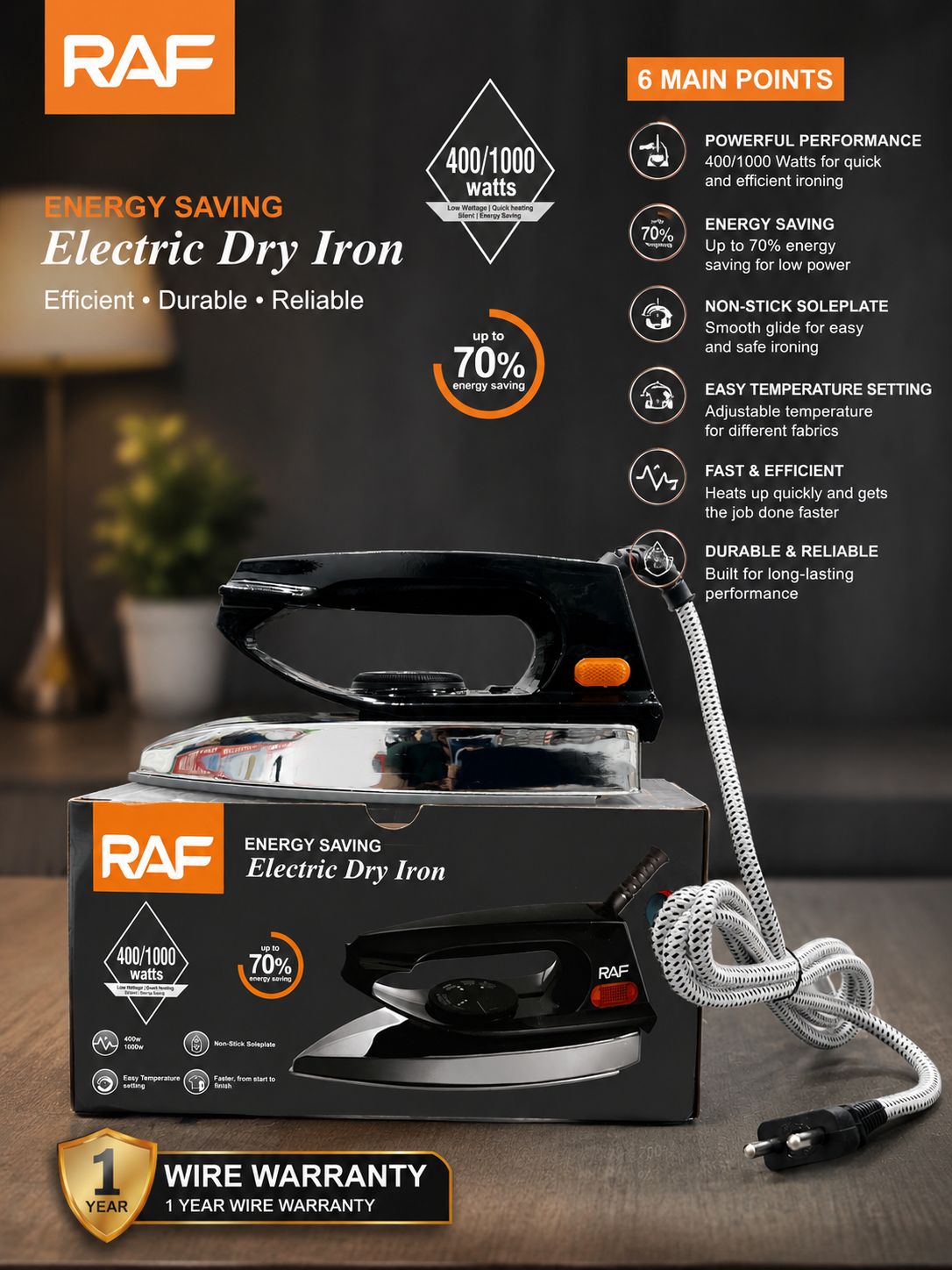 RAF Energy Saving Electric Dry Iron (400/1000W)